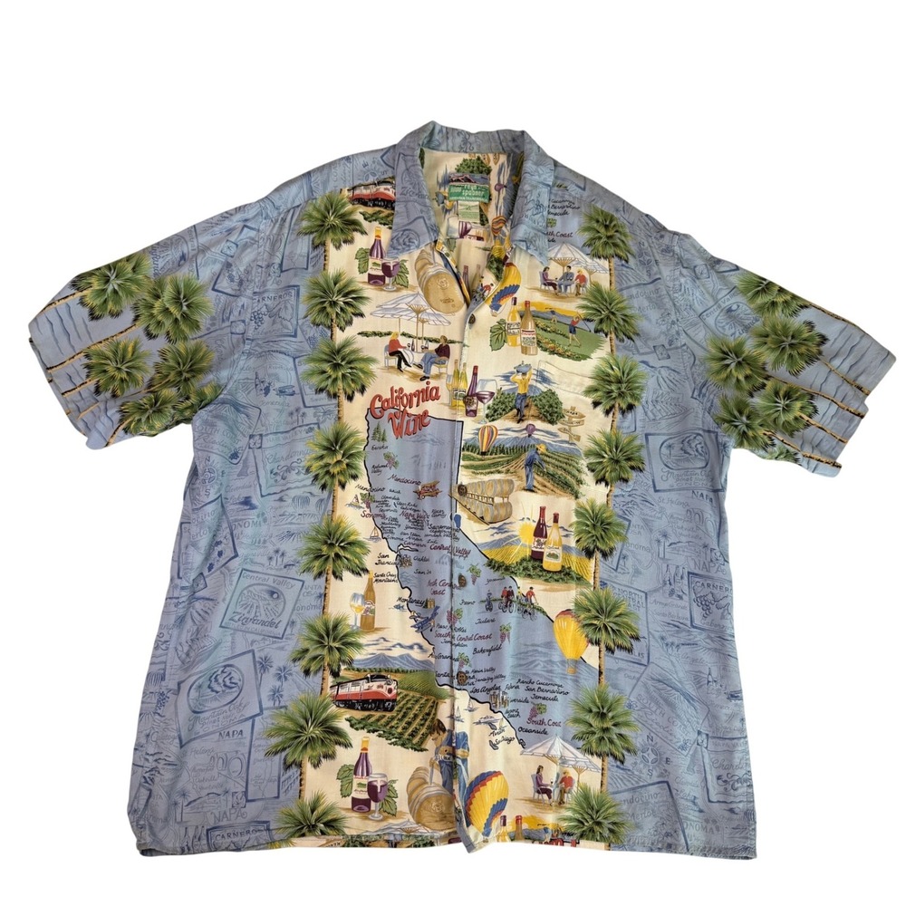 Reyn‎ Spooner Mens XL California Wine Map Hawaiian Shirt Blue Rayon Button Down